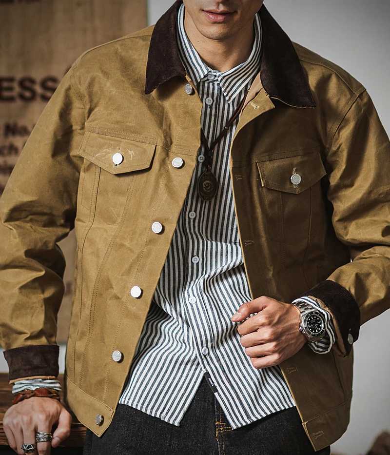 Waterproof military motorcycle mens coat spring and autumn retro denim wax printed canvas clothes W241102
