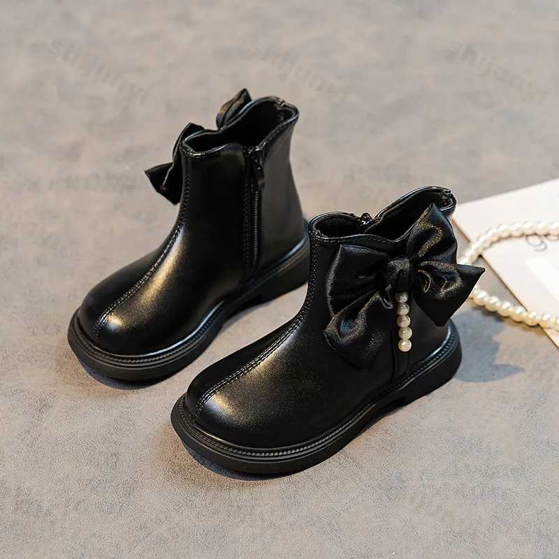 Girls autumn and winter new ankle boots Fahshion pearl bow knot side zipper childrens short boots PU leather smooth sweet childrens Botas M241102