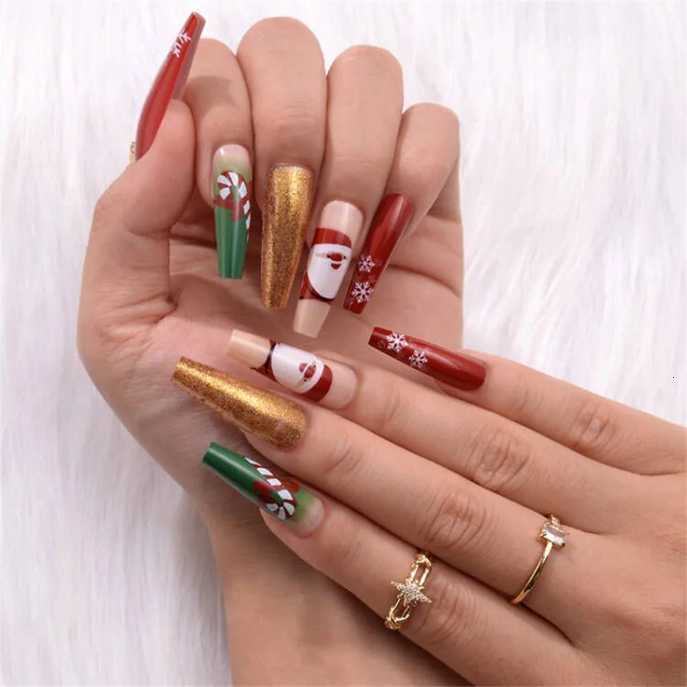 Christmas wearable long style fake nail set with reindeer snowflake n artificial acrylic full set pressing nail tips 241031