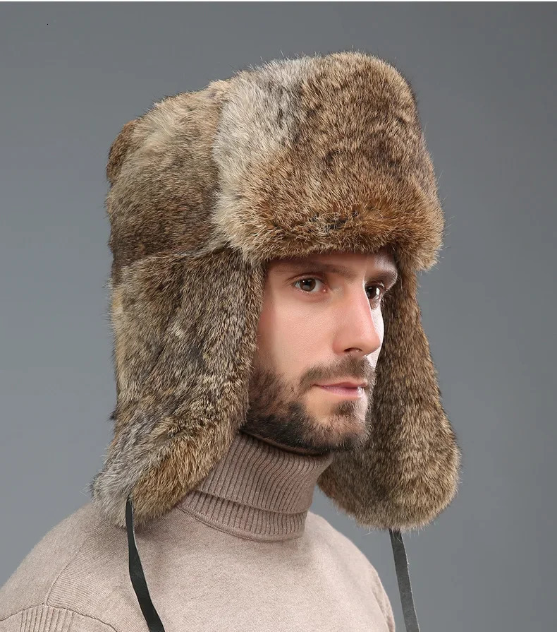 Winter Mens Immersion Artificial Silver Fox Fur Bomber Hat Raccoon Fur Ushanka Hat Hunter Russian Mens Snow Hat 241031