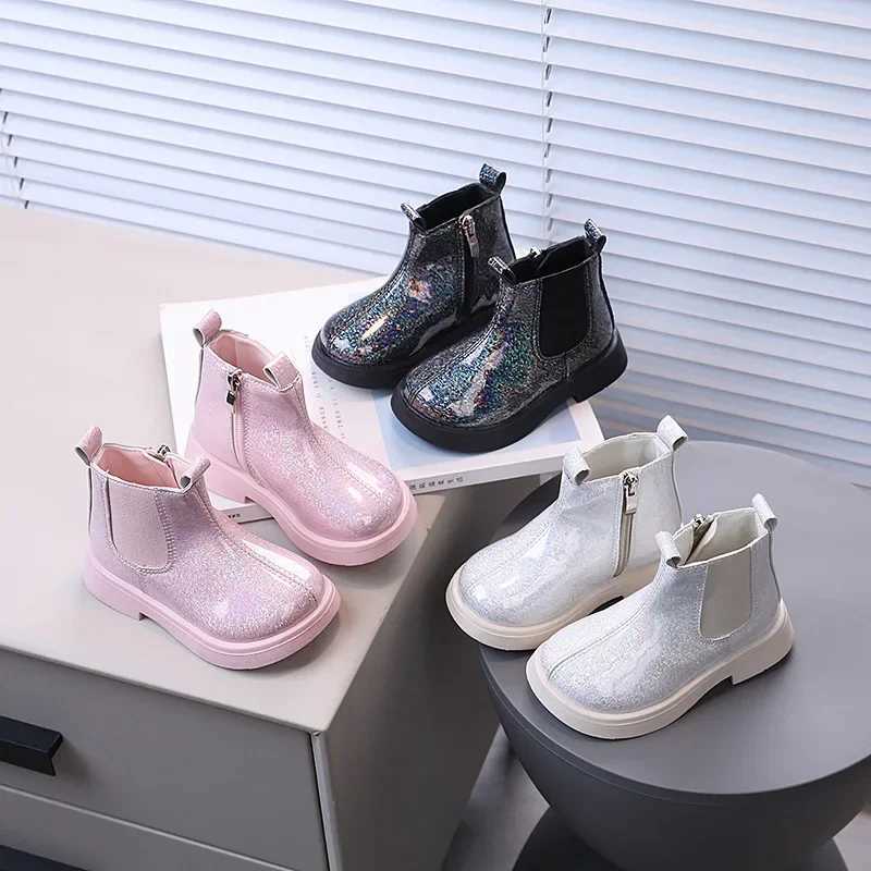 Girls Chelsea Boots Shining Childrens Ankle Boots Fashion Edition Autumn New Girls Side Zipper Short Boots M241102