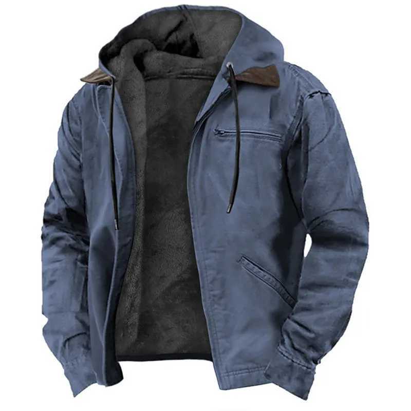 Winter New Mens Casual Jacket Hoodie Zipper Pocket Fashion Solid Color Flce Warm Coat Mens Outdoor Hoodie Coat W241102