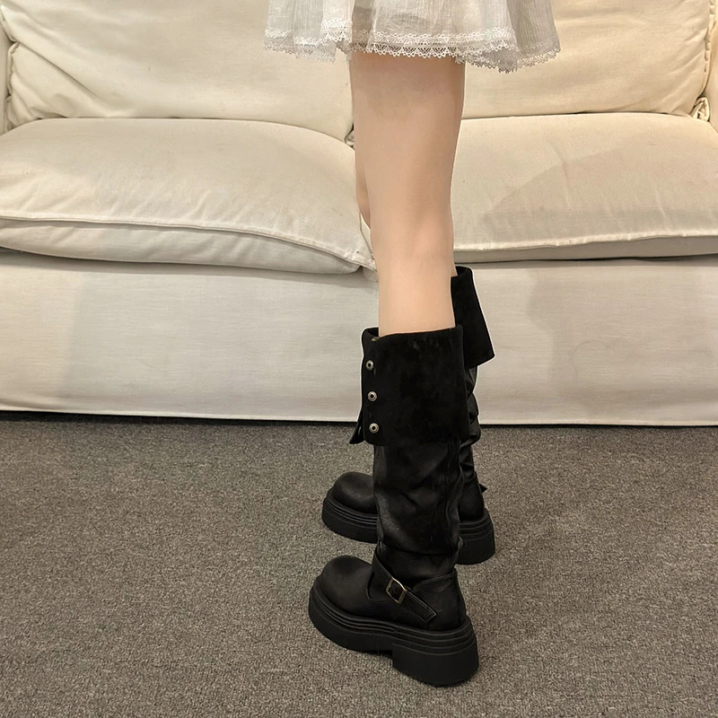 Autumn Winter Platform Women Knee High Boots Fashion Slip On Shoes Punk Style Plaform Heels Long Booties
