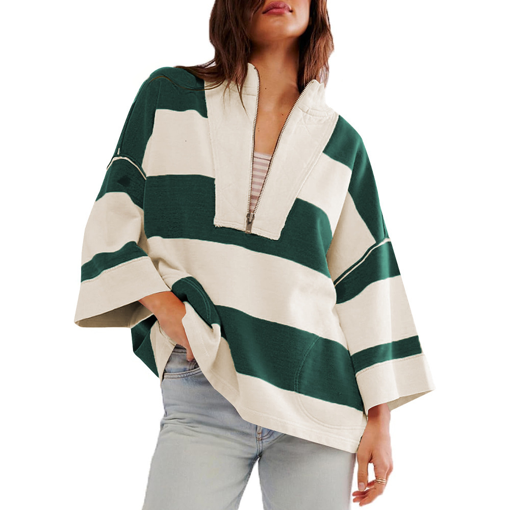hoodies women selling striped half zipper european and american hoodie women's spring autumn color contrasting knitwear loose trendy brand sports