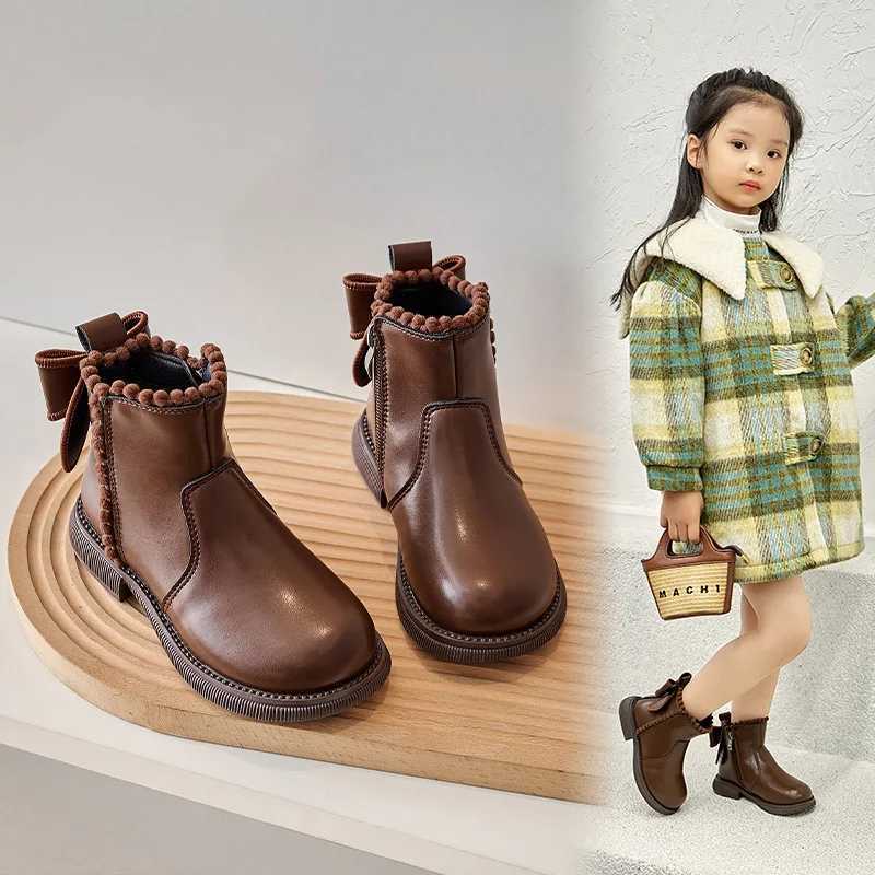 Womens short boots with warm cotton childrens ankle boots soft sole new womens princess leather boots with rear bow knot and side zipper M241102