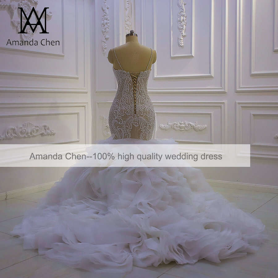Beaded Lace Tiered Mermaid Wedding Dress In Ivory, Deep V Neck Bridal Gown 6660311