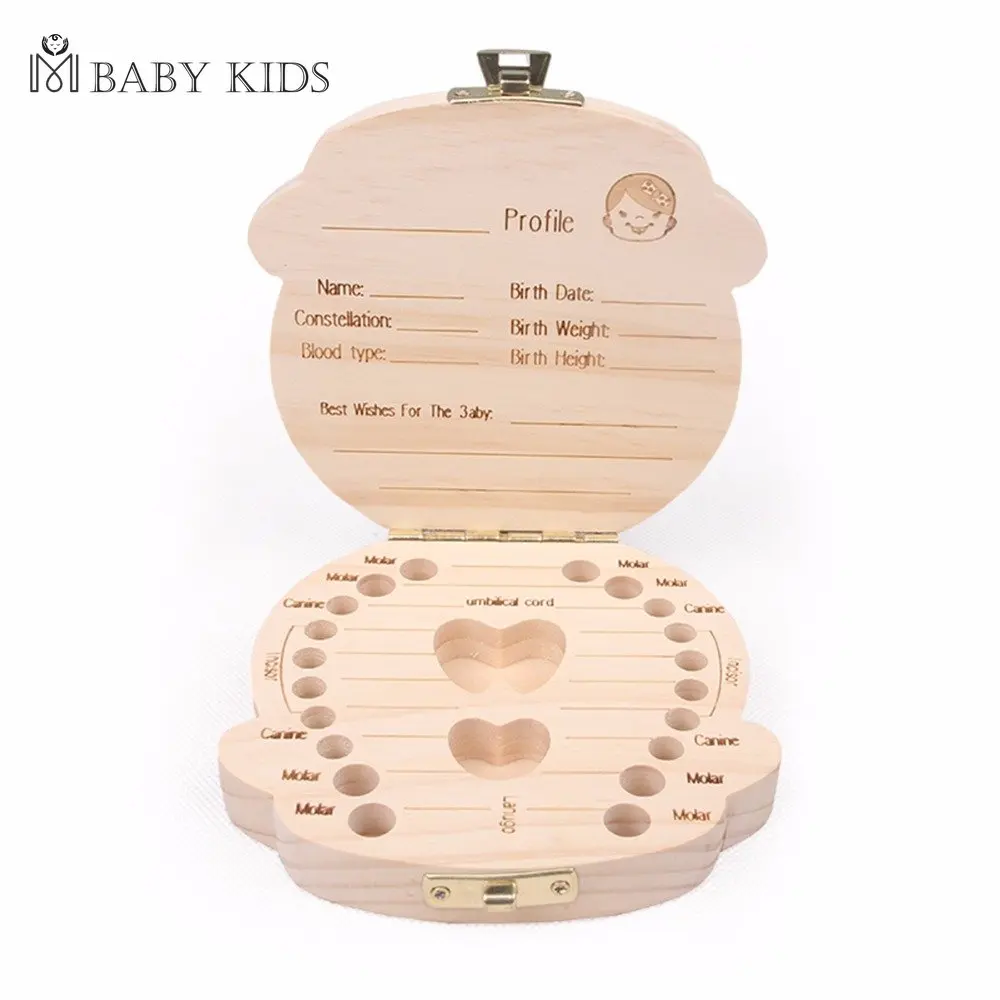 Baby Wood Tooth Box Organizer Milk Teeth Storage Language 2025 Spain English Collect Teeth Umbilica Save Gifts Baby new Tooth Box