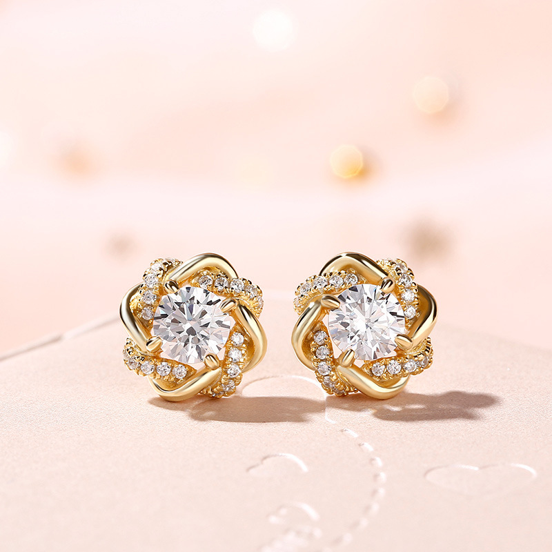 Vintage Crystal Flower 925 Sterling Silver Stud Women 18K Gold Diamond Stud Earrings Hollow Design Wedding Earrings Luxury Jewelry Exquisite Gift