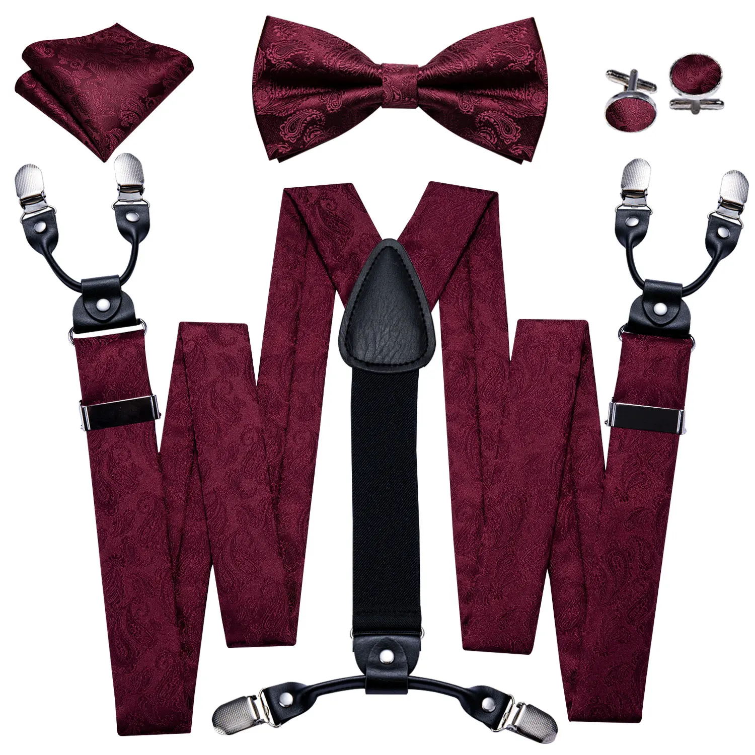 Elegant new Suspenders Men Bury Red Paisley 2025 Silk Jacquard Pre-Bow Tie Handkerchief Cufflink Set Barry.Wang Designer Wedding Gift