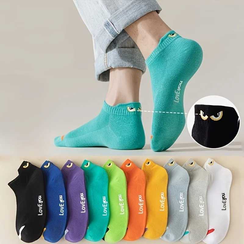 10 Pairs Fashion Mesh Summer Cute Cartoon Eyes Embroidered Sweat Absorbent Breathable Men Low Cut Ankle Knitted Boat LX241102