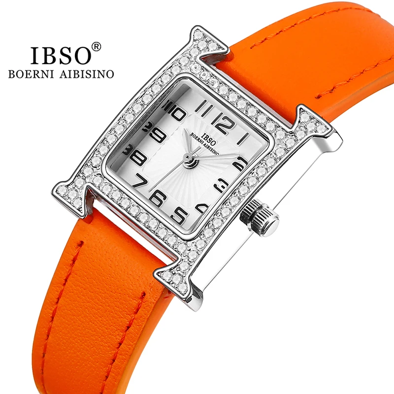 IBSO new 2023 New Women Rectangle Watches Japanese Quartz Movement Ultra-Thin 2025 3ATM Waterproof Full Dia Genuine Leather