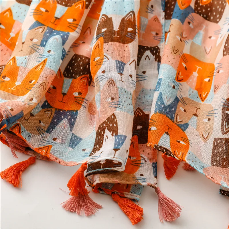 Lovely Animal Cat Pattern Tassel Viscose Shawl Scarf Lady High Quality Wrap Thin Pashmina 2025 Stole Bufandas new Muslim Hijab 180*90Cm