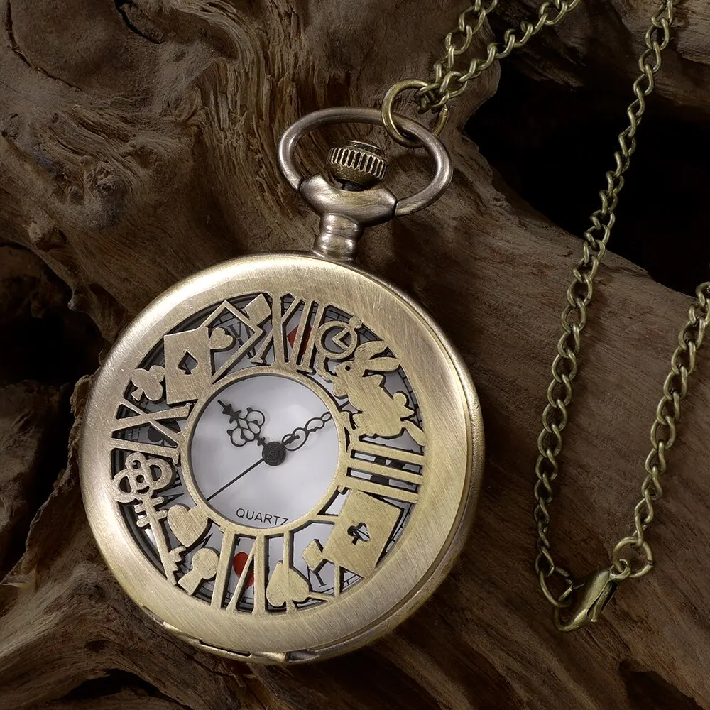 New Bronze Quartz Pocket Watch new Retro Alice Theme Pocket 2025 Fob Watch Pendant Necklace Pocket Watch Men Womens Gift