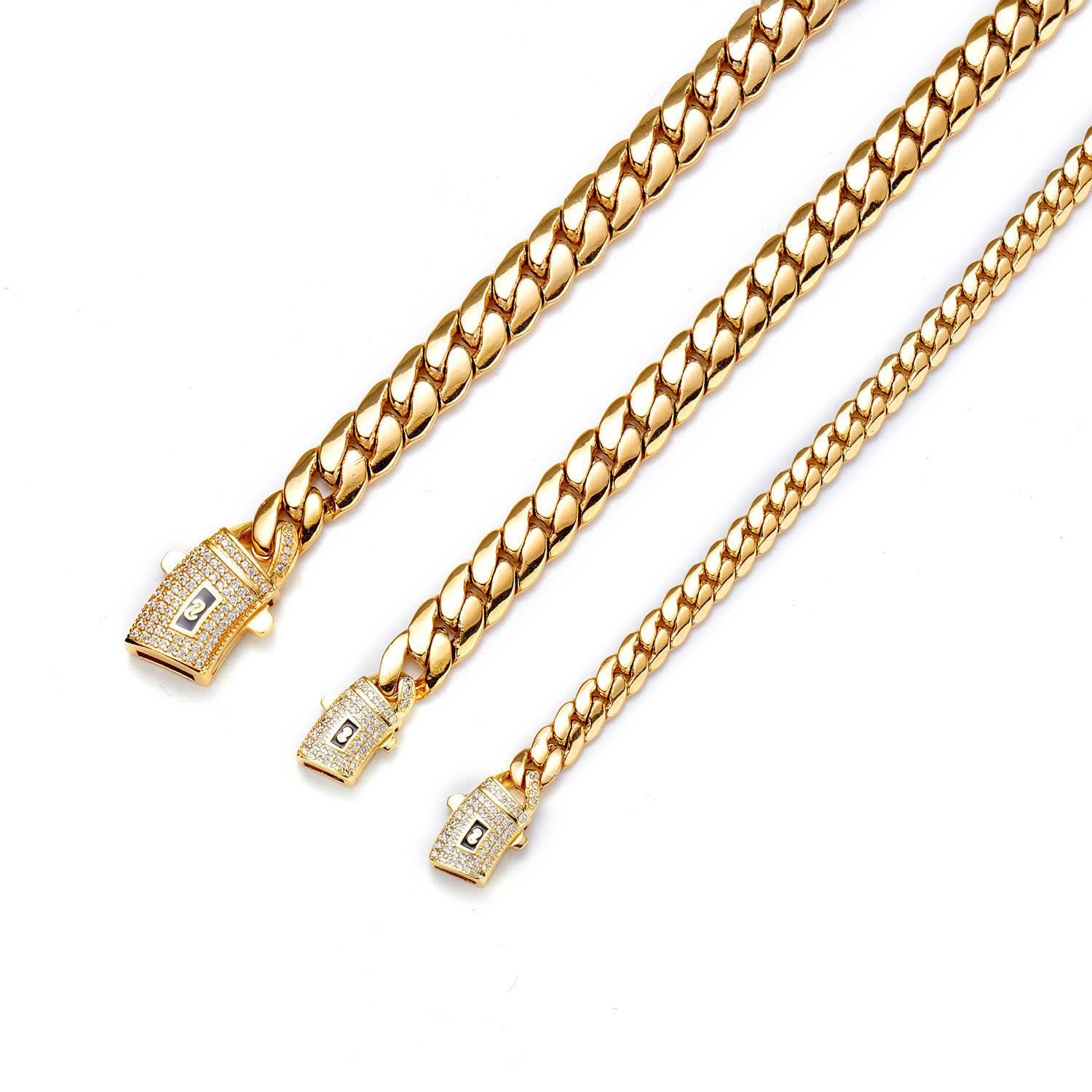 Solid Stainless Steel Miami Cuban Chain Necklace Bracelet Curve Clasp Jewelry