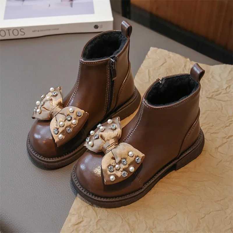Girl princess boots childrens fashion bow plush leather ankle boots autumn and winter round toe PU soft soled cotton shoes side zipper M241102