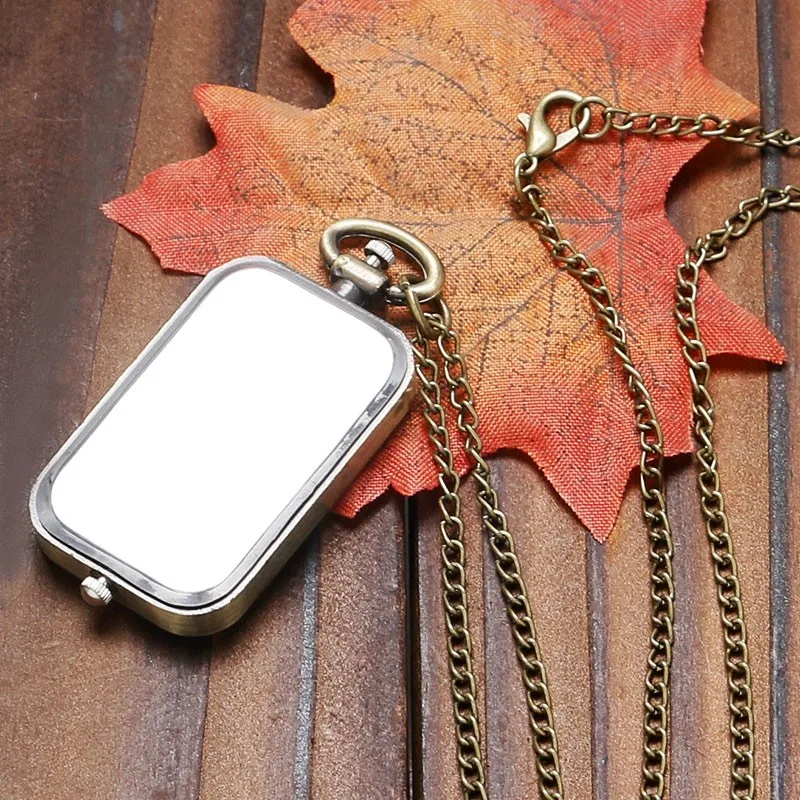 new Retro Bronze 2025 Square Dual Time Zone MiniDesign Quartz Pocket Watch with Necklace Chain Leisure Pendant Gift Men's Clock