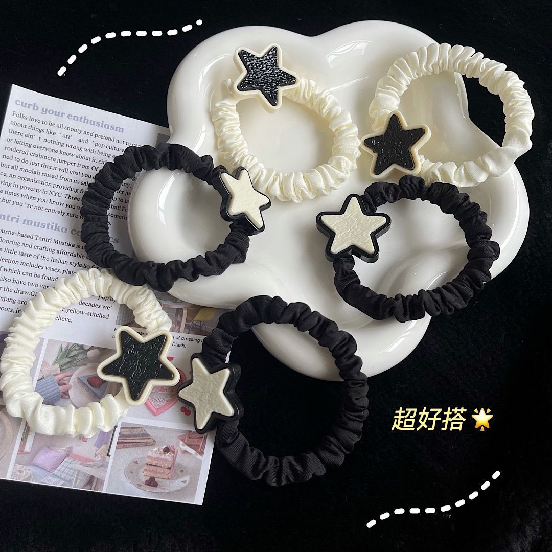 Headband Black and white stars sweet and cool hair rings Korean Girls Cartoon Harajuku Wind Five pointed Star Versatile ponytail hair rope headwear