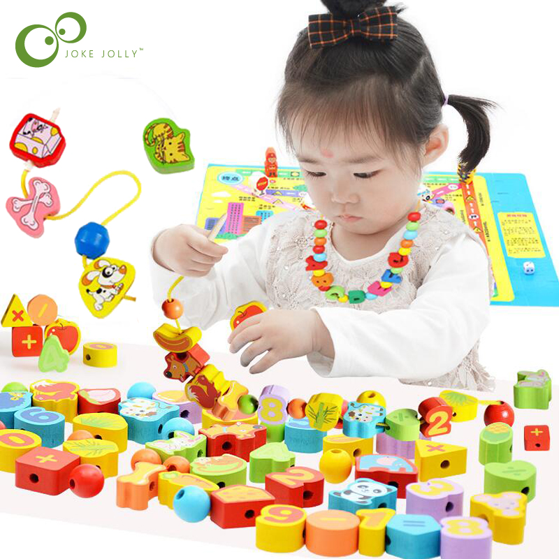 26pcs Wooden Toys Baby DIY 2025 Toy Cartoon Fruit Animal Stringing Threading Wooden beads Toy new Monterssori Educational for Kids GYH