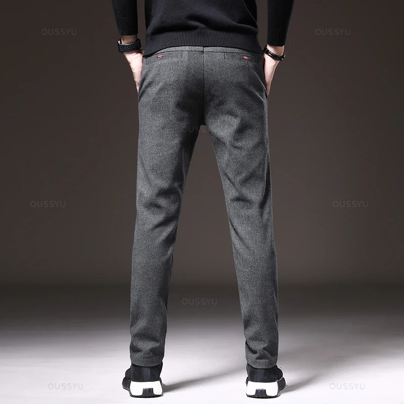 Winter Fleece Warm Mens Brushed Fabric Casual Pants Business Fashion Slim Fit Stretch Thick Velvet Cotton Trousers Male 2838 240319Z