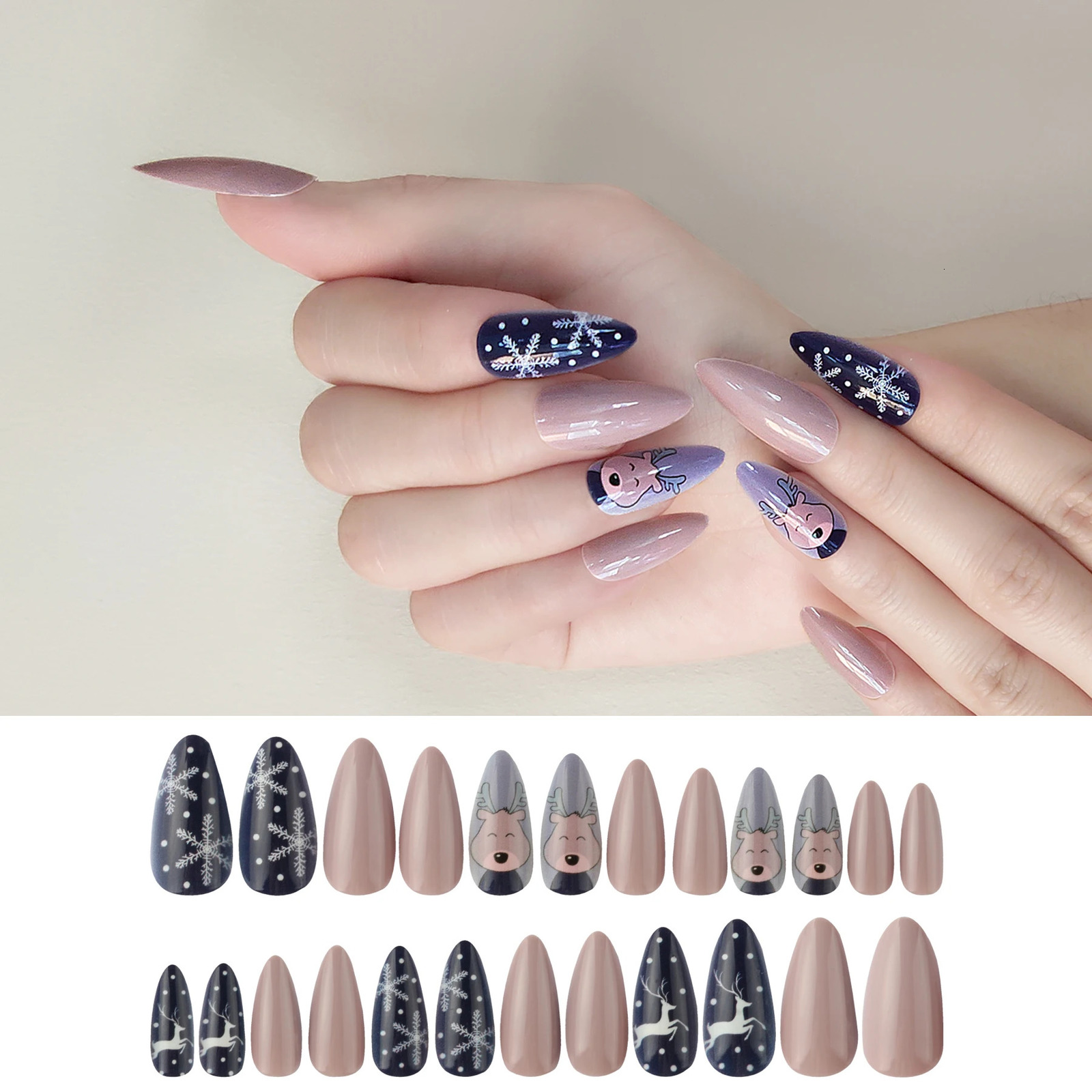 High quality factory wholesale 24pcs/box nail art fake nails and glue Christmas long almond shell fake nails 241031