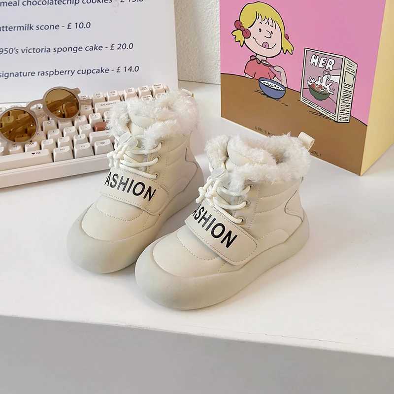 New childrens snow boots with thick soles warm girls cotton boots fashionable leather boots childrens plush boots patch work round toe M241102