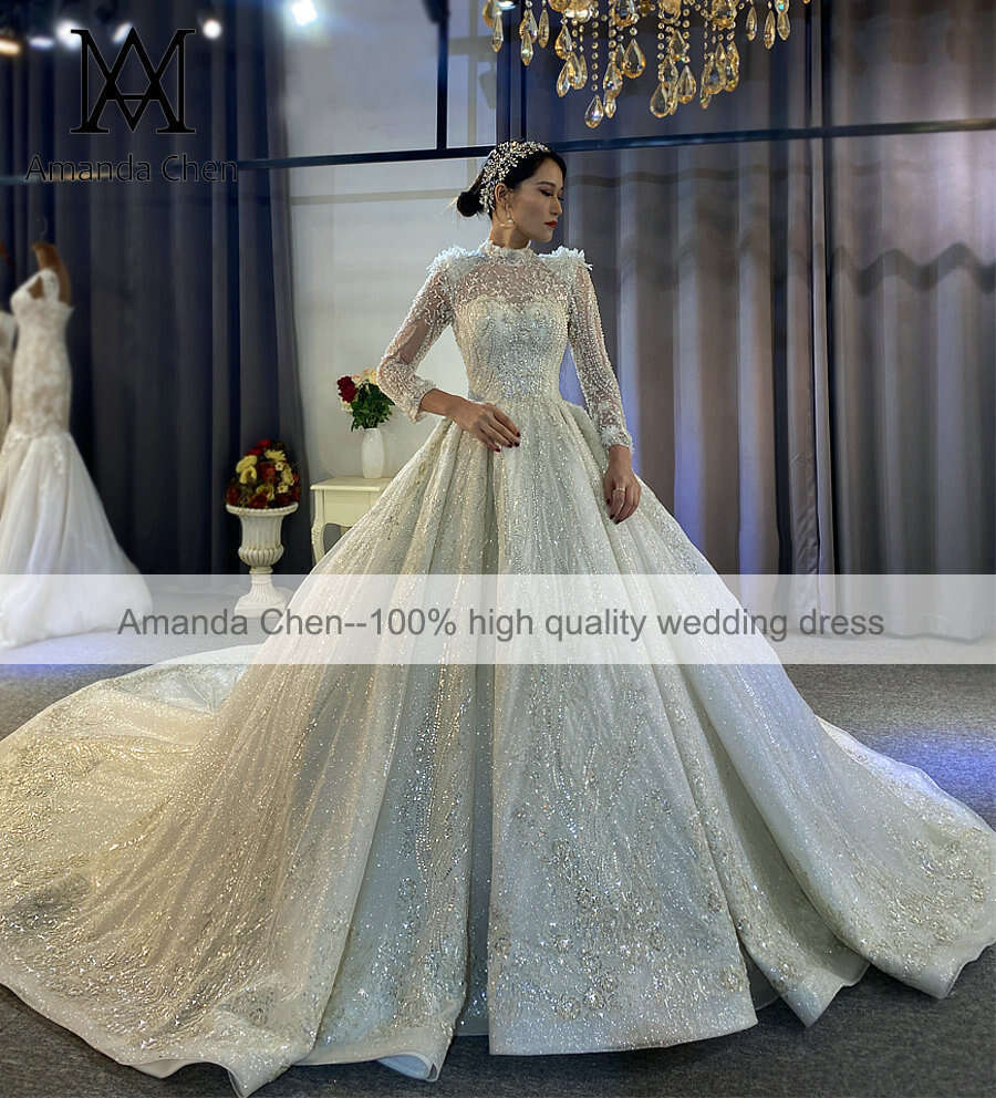 Neck High Long Sleeve Lace Appliqued A E Wedding Dress