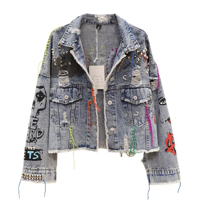 Womens Graffiti Denim Jacket Frayed Raw Cut Rivet Fringe Jean Coat Female Outwear Short Street Fashion Spring Autumn 240318