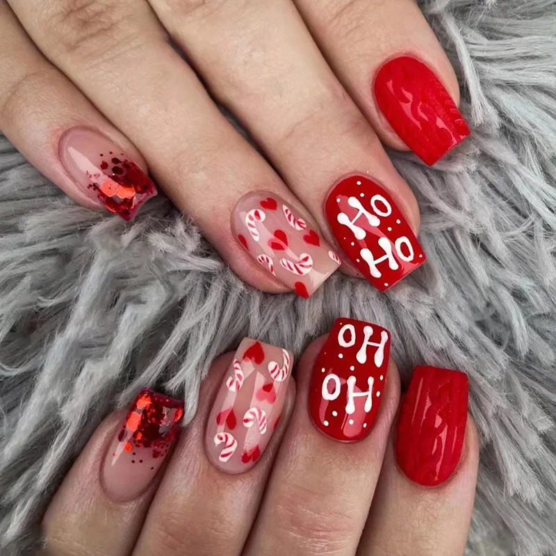 Christmas Square Fake Nail Short Press Nail Green Red Silver Glue Christmas Tree Gift Set Acrylic Artificial Girl 241031