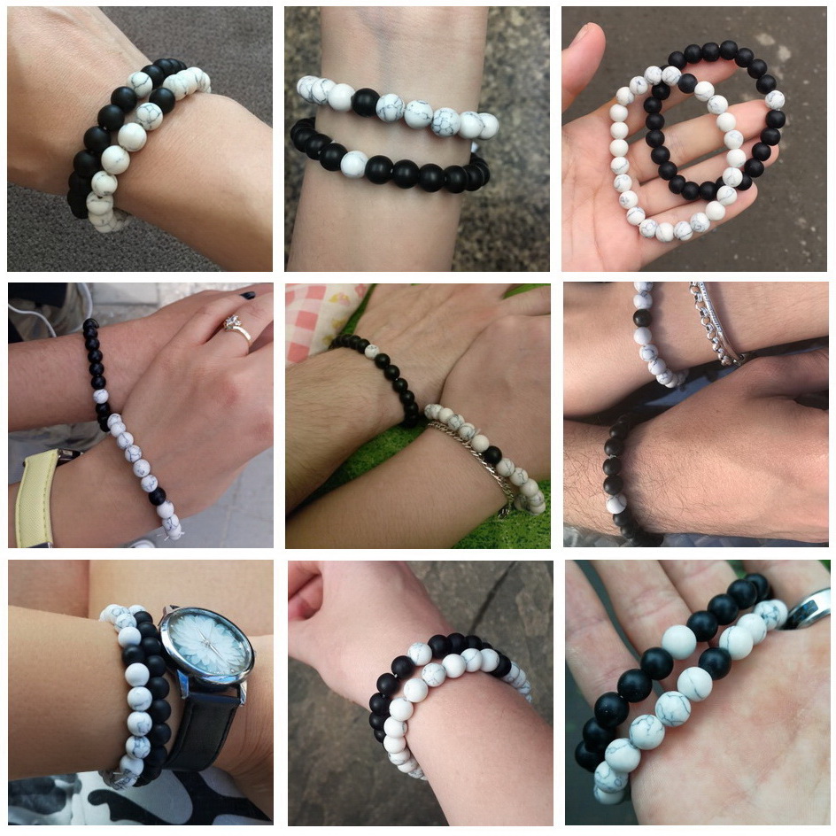 Set Bracelet Couples Distance Black White Natural Lava Stone Tiger Eye Beaded Yoga Bracelets for Men Women Elastic Rope Jewelry