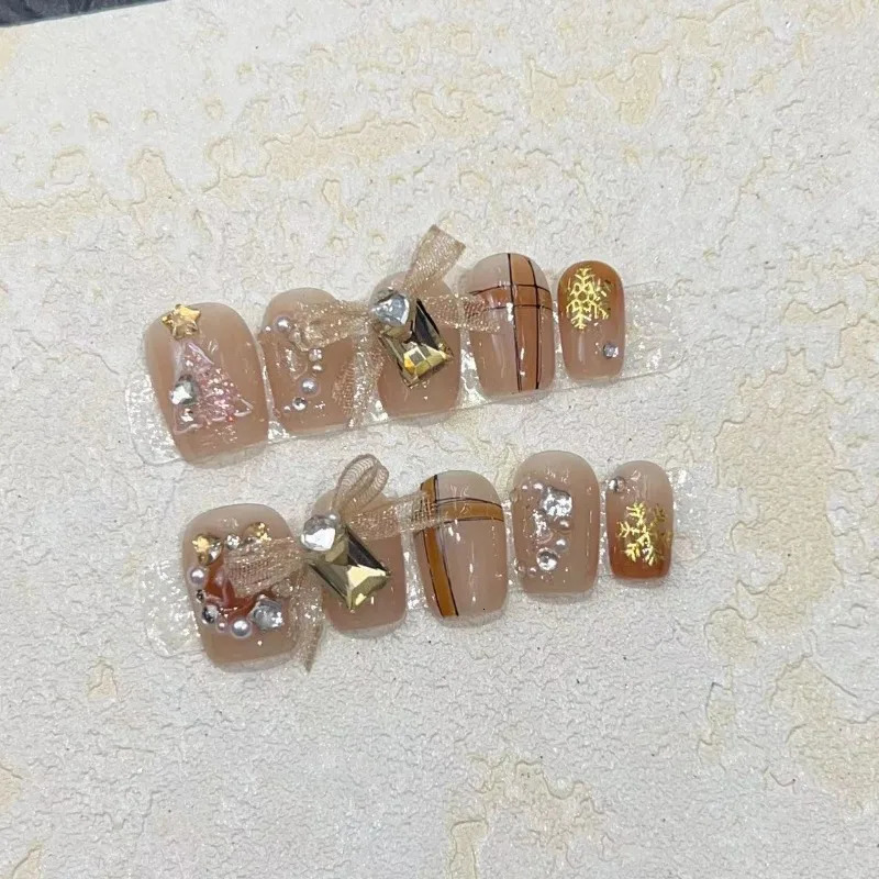 10 pieces/set of fake nails complete set of fake nails pressed on nails DIY handmade patches detachable cute Christmas tree ribbon bow 241031