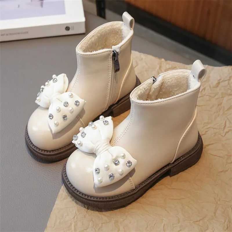 Girl princess boots childrens fashion bow plush leather ankle boots autumn and winter round toe PU soft soled cotton shoes side zipper M241102
