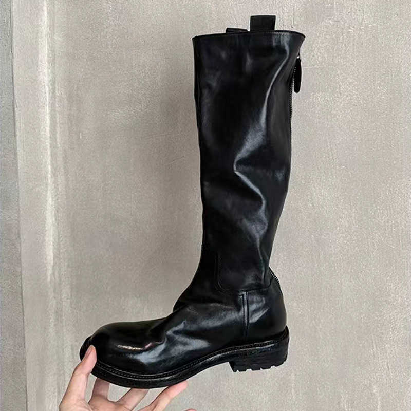 CMM Autumn and Winter New Washed Horseskin High Tube Slimming Mid Length Boots Thick Heel Thick Soled Knight Boots for Women