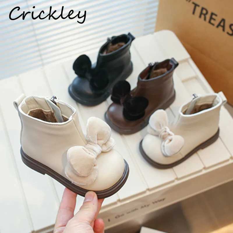 Cute Bow Baby Fashion Boots Winter Plush Warm Soft Sole Childrens Ankle Shoes PU Zipper Anti slip Childrens Shoes M241102