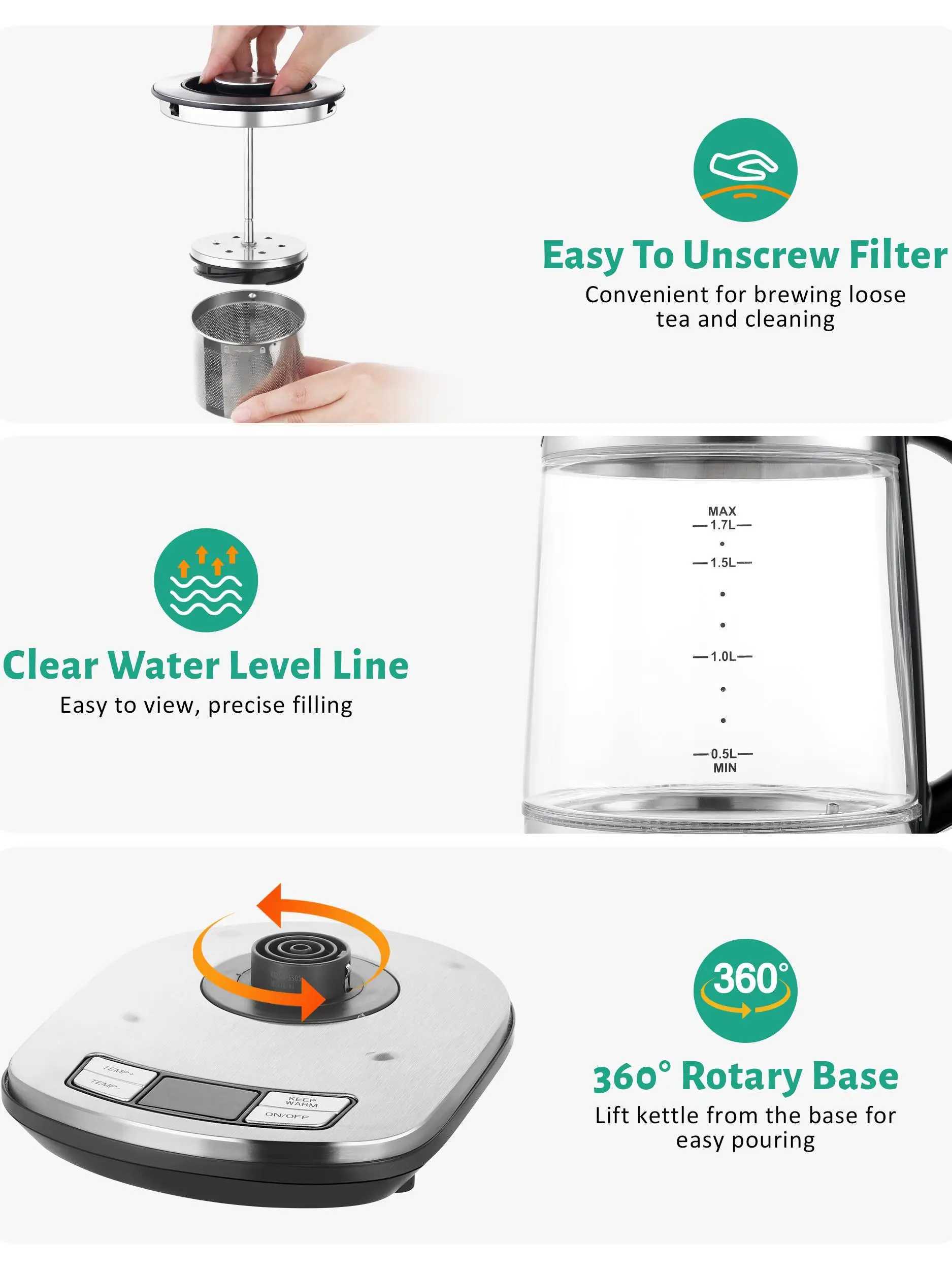 CACHOO electric kettle temperature control -1.7L electric kettle with heater keeping warm for 60 minutes and automatically closing Y241102