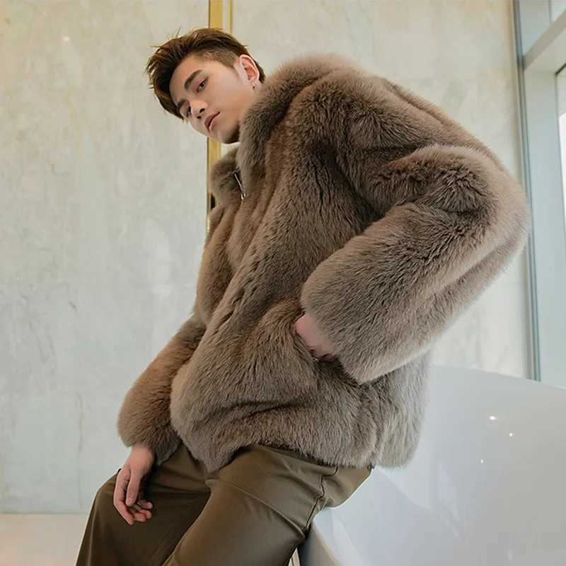 S-6XL Size Mens Faux Fur Jacket Autumn Winter Warm Wool Short Coat Mens Jackets Hooded Loose Warm Brown ParkasXJ241102
