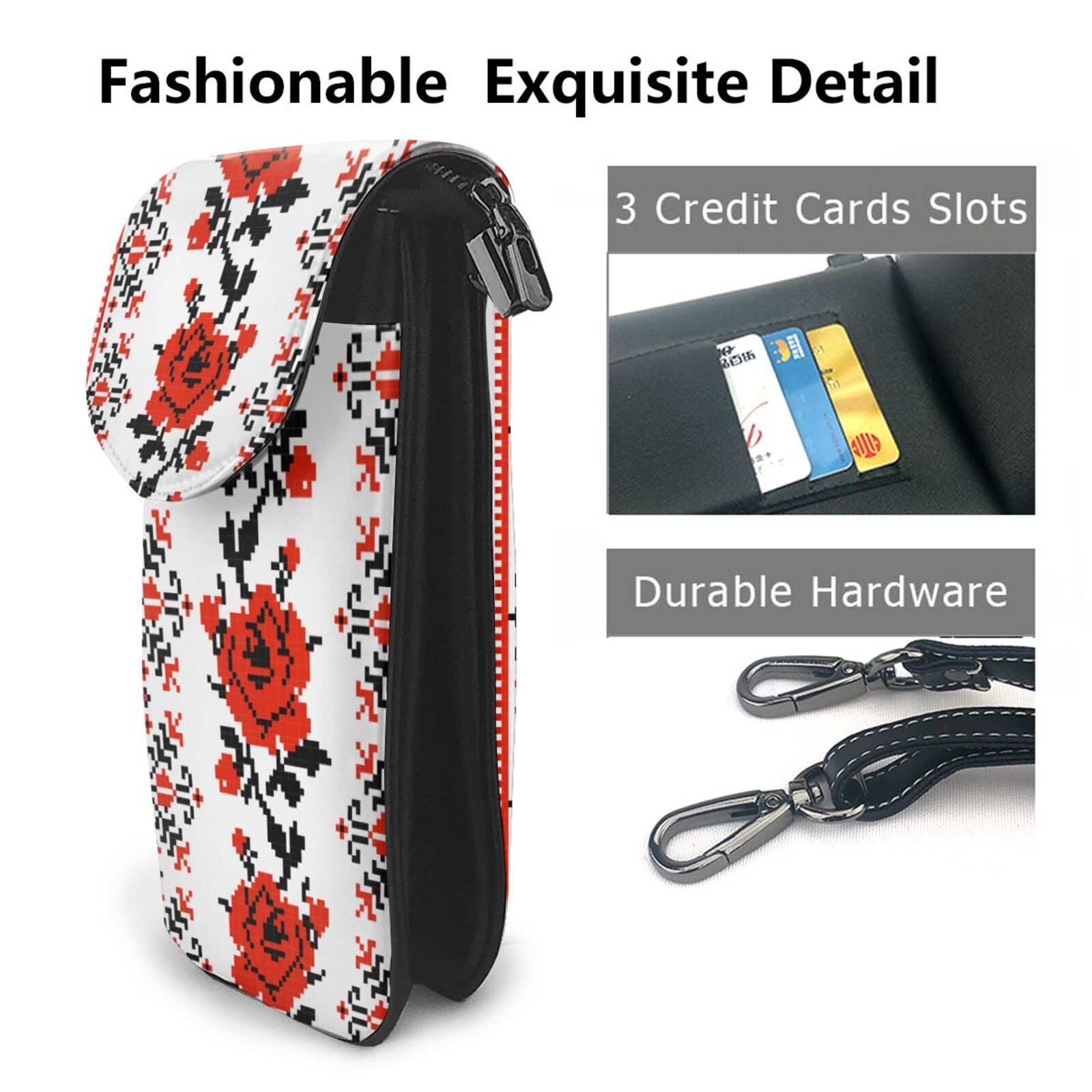 Ukrainian Embroidery Style Rose Women Cell Phone Purse Leather Crossbody Bag Mini Shoulder Bag Card Holder Wallet