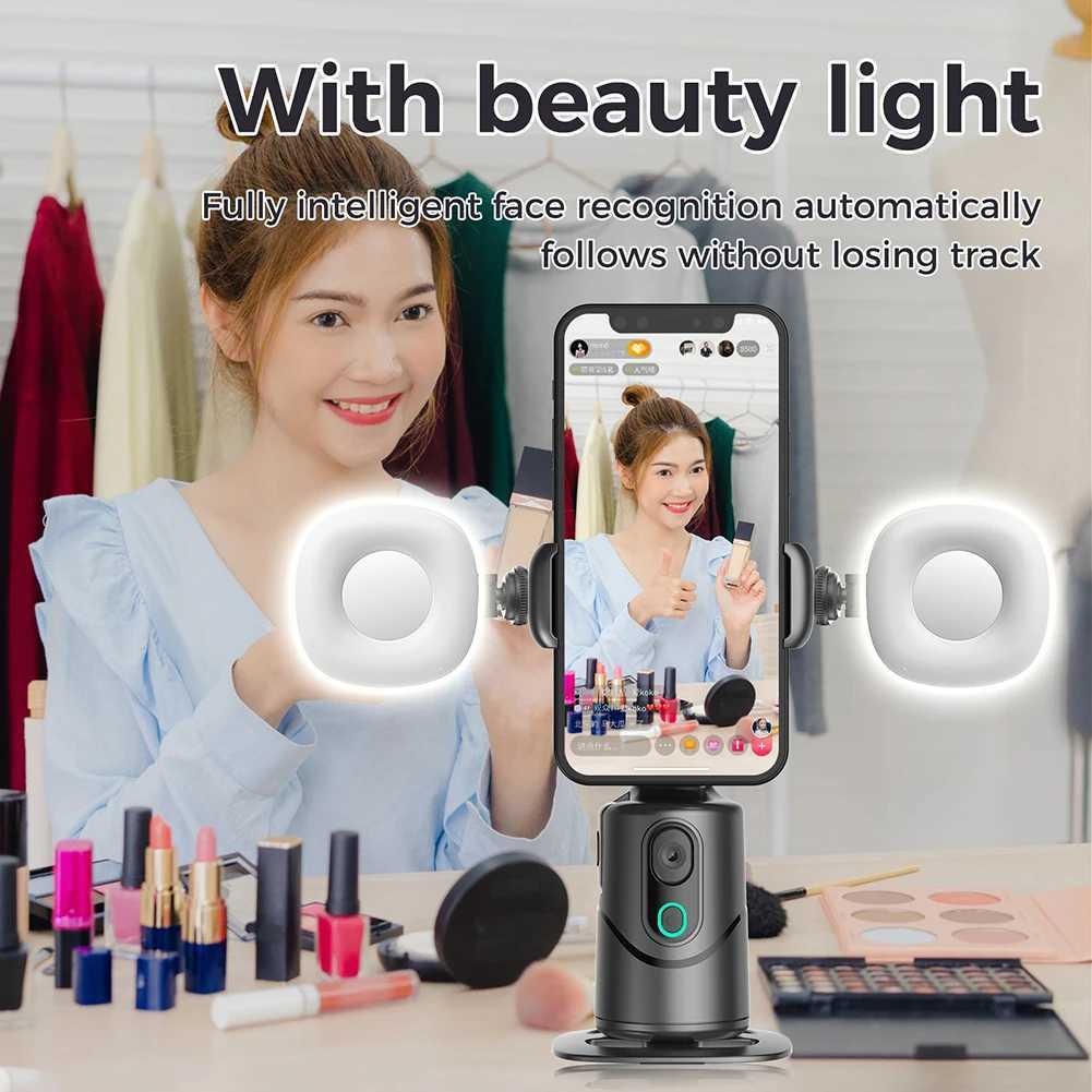 360 Rotating Auto Face Tracking Phone Stand No App Gesture Control Smart Shooting Camera Mount with Selfie Light RemoteLX241102