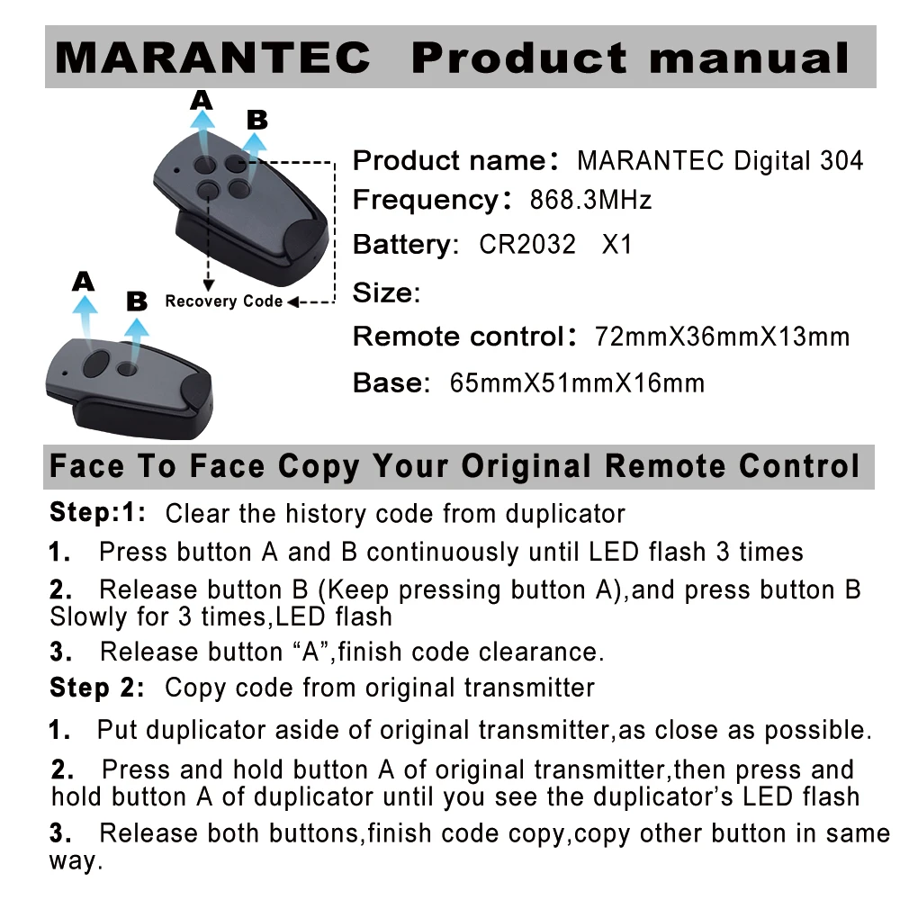 Marantec Digital D302 D304 868MHz Garage Door Remote Control Clone new Marantec Digital D382 D384 D313 2025 D321 Gate Opener