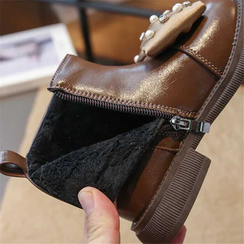 Girl princess boots childrens fashion bow plush leather ankle boots autumn and winter round toe PU soft soled cotton shoes side zipper M241102