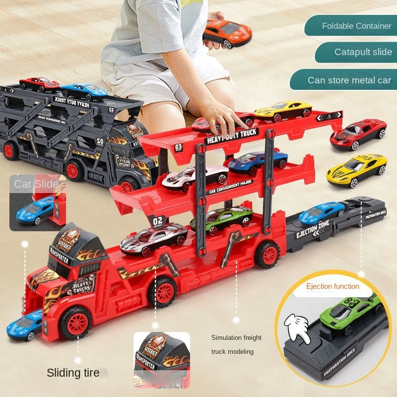 Children Little Bus Big Container Truck Storage Box Parking Lot Toy With 3 /12 Pull Back Mini Car Toy For Kids Birthday Gift