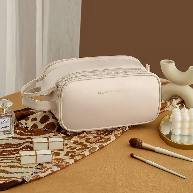 Travel makeup bag with handle PU leather portable large makeup bag suitable for women men toilet makeup tools Sk 241031