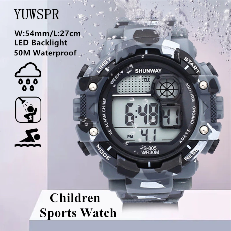 50M Waterproof Children Sports Electronic Watch Swimming LED Backlight Camouflage Green Digital new Watches 2025 for Student Boy Gift 805