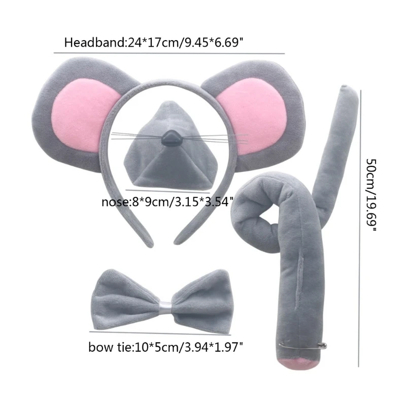 Mouse Costume Set Mouse Ears Nose Tail Bow Tie Tutu Gloves Animal Fancy-Costume Kit Accessories for Halloween Cosplay