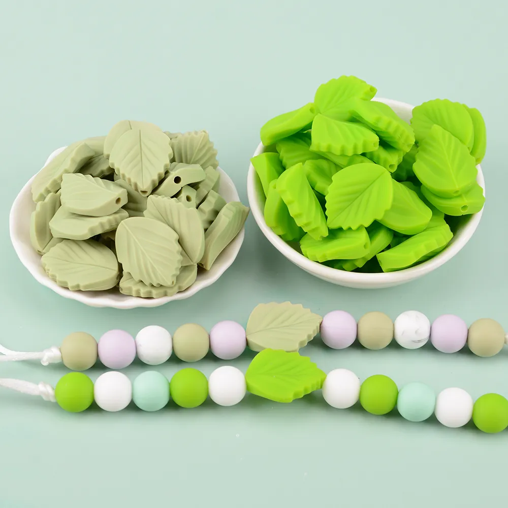 LOFCA 10PCS Leaf Baby Teething Silicone Beads Leaves DIY Food Grade Silicone Toy BPA Free Chew Nurse Gift Teethers Accessories