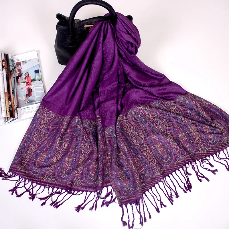 Big Jacquard Luxurious Cashew Paisley Pashmina Boho Women's Shawls Muslim Head Wrap Ladies Winter Ethnic Fringed Travel Scarves smile