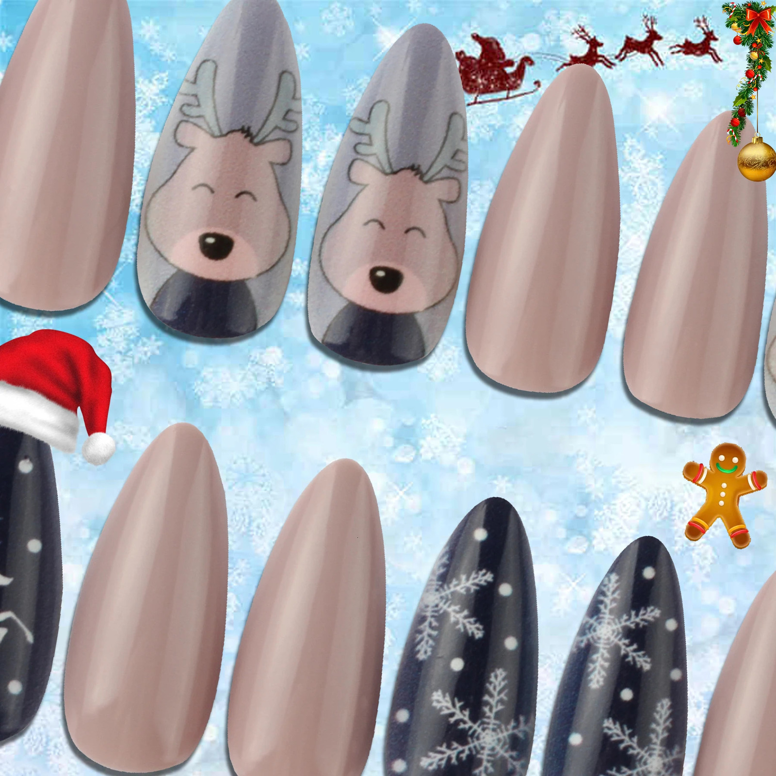 High quality factory wholesale 24pcs/box nail art fake nails and glue Christmas long almond shell fake nails 241031