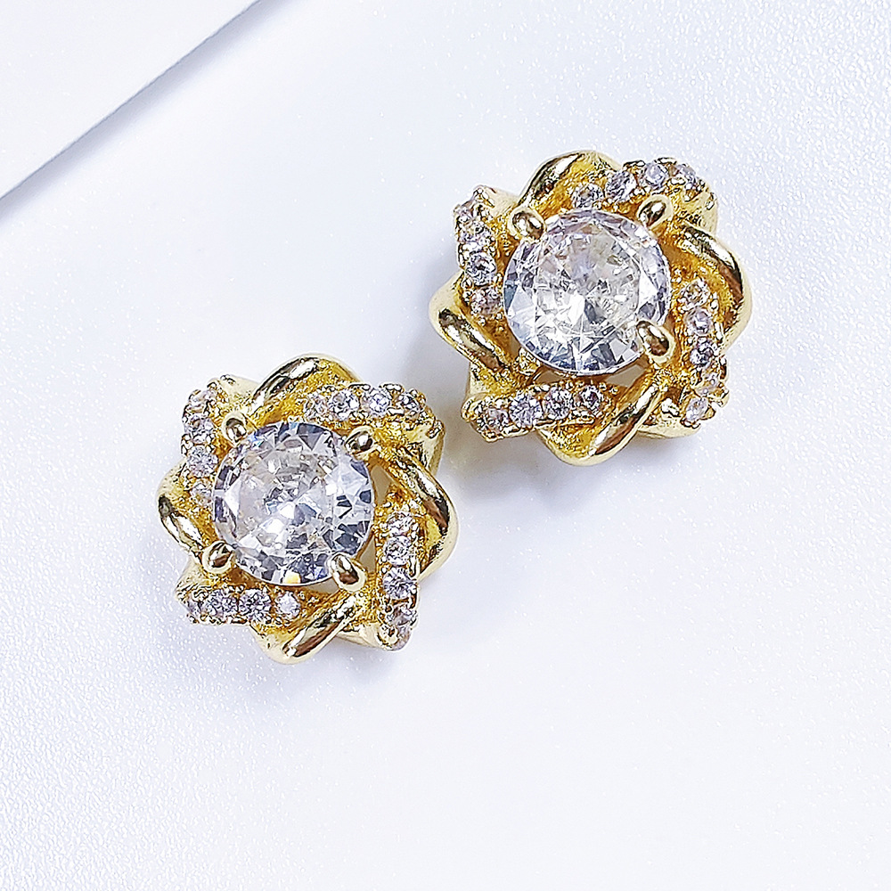 Vintage Crystal Flower 925 Sterling Silver Stud Women 18K Gold Diamond Stud Earrings Hollow Design Wedding Earrings Luxury Jewelry Exquisite Gift
