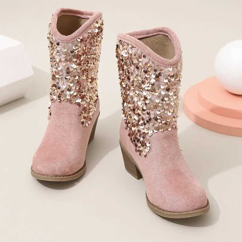 Girl Chelsea Boots New Glitter Thick High Heels Korean Sle European and American Fashion Childrens Edition Soft Princess Boots M241102