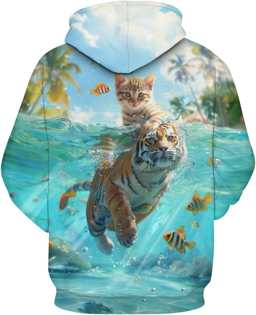 Hoodie for Mens Womens Novelty Cat Hoodie Funny Animal Graphic Sweatshirts Dreamy visual water cat riding tiger Graphic Hoodies sweatshirt Pullover Lo