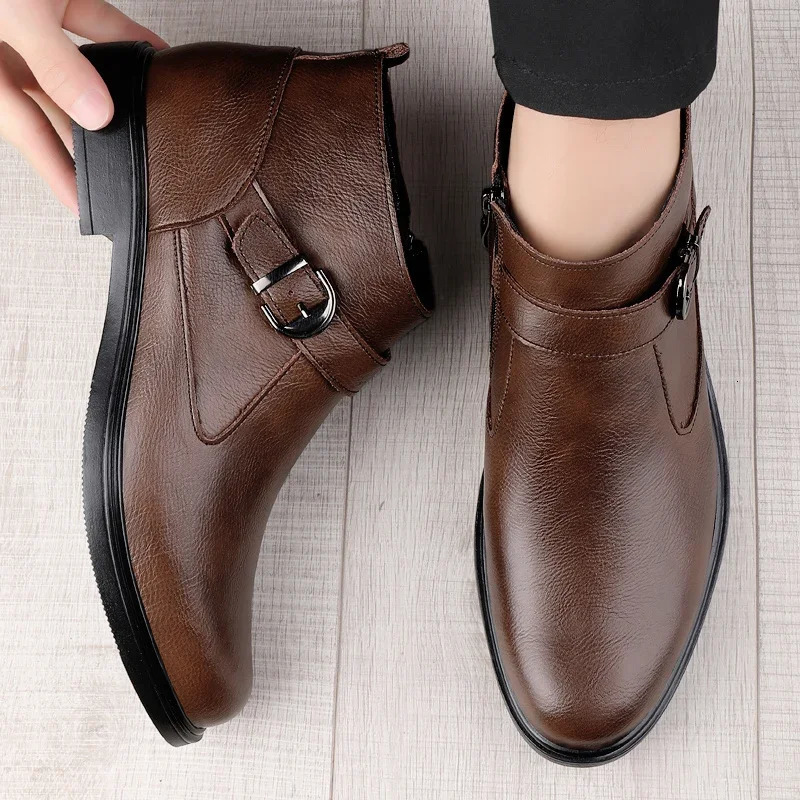 Winter plush warm black Chelsea mens boots business formal high-end leather shoes British style low boots casual wedding shoes 241031